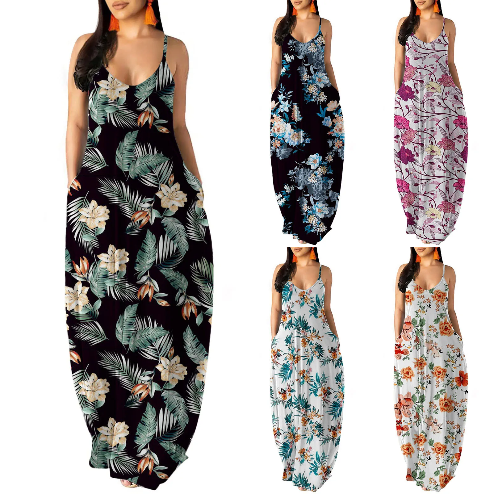 

Women's Boho Summer Dress Chiffon Irregular Ruffled Beach Sleeveless Dress Oil Painting Printing Thin Straps V-neck Dress