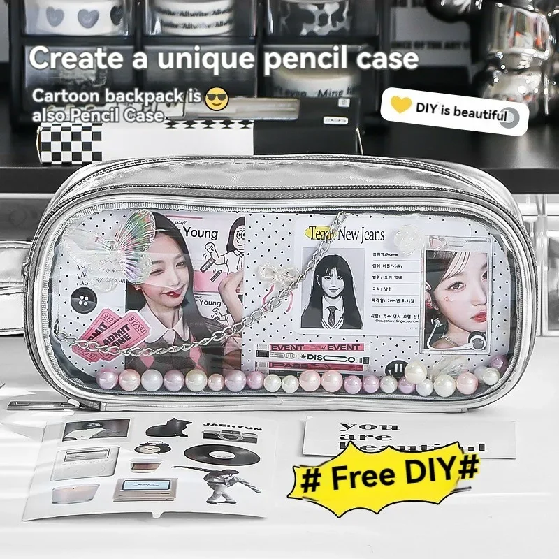 

Large Capacity Pencil Bag Transparent Pencil Case DIY Free Decoration Student Pencil Cases Student Waterproof Stationery Bags