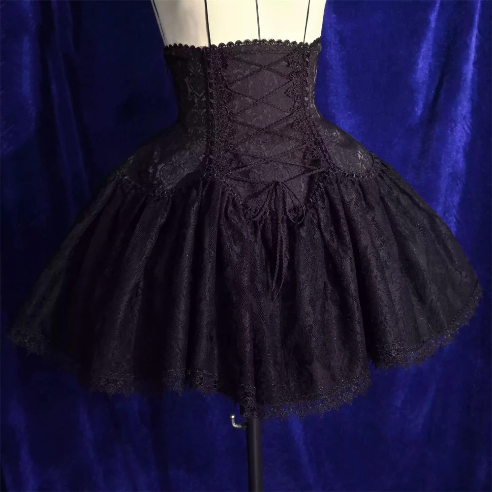 2025 Lolita Subculture Black White Short SK Lace Skirt High Waist Lace Up Girls Birthday Gothic Victorian Cosplay Party Skirts 1