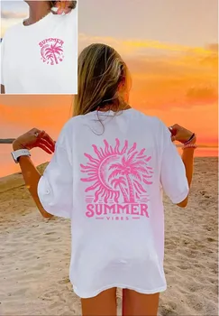 Bohemian Summer Atmosphere Sunshine Palm Tree Double sided Printed Women's Round Neck Short sleeved Vacation T-shirt
