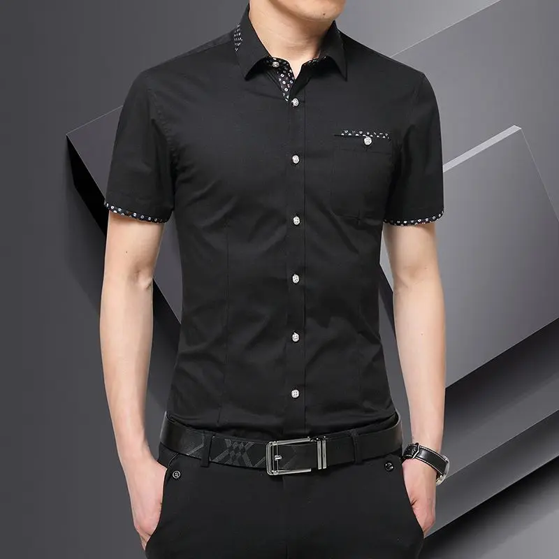 

Men's Short-sleeved Shirt POLO Collar Single Breasted Solid Color Printed Panel Pocket Fashion Casual Versatile Business Style