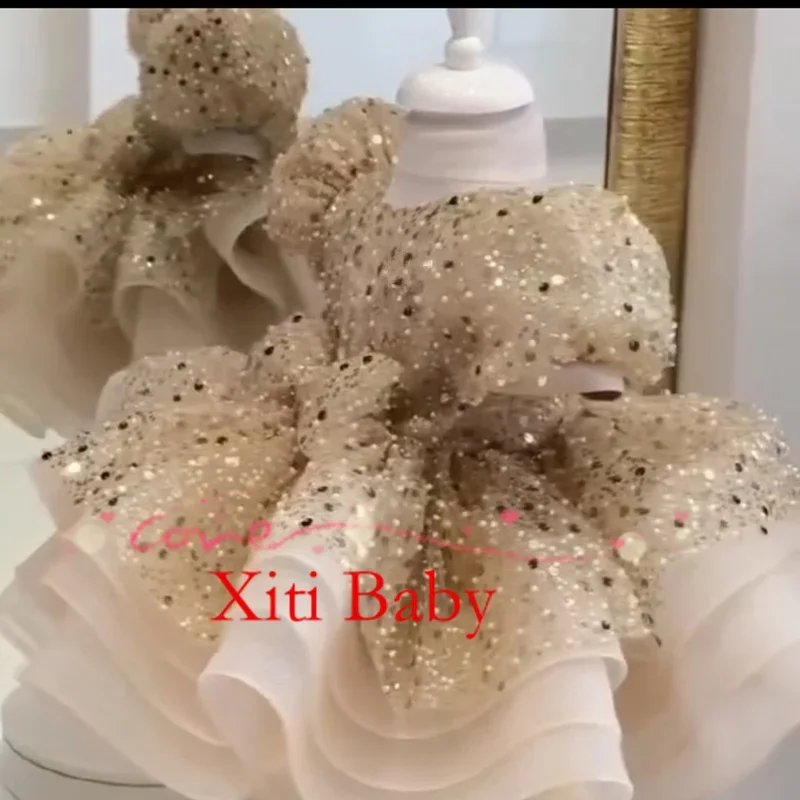 Luxurious Flower Girl Dress Scoop Neck Puff Girls Party Dresses for Wedding Puff Sleeves Tulle Kids Christmas Ceremonial Dress