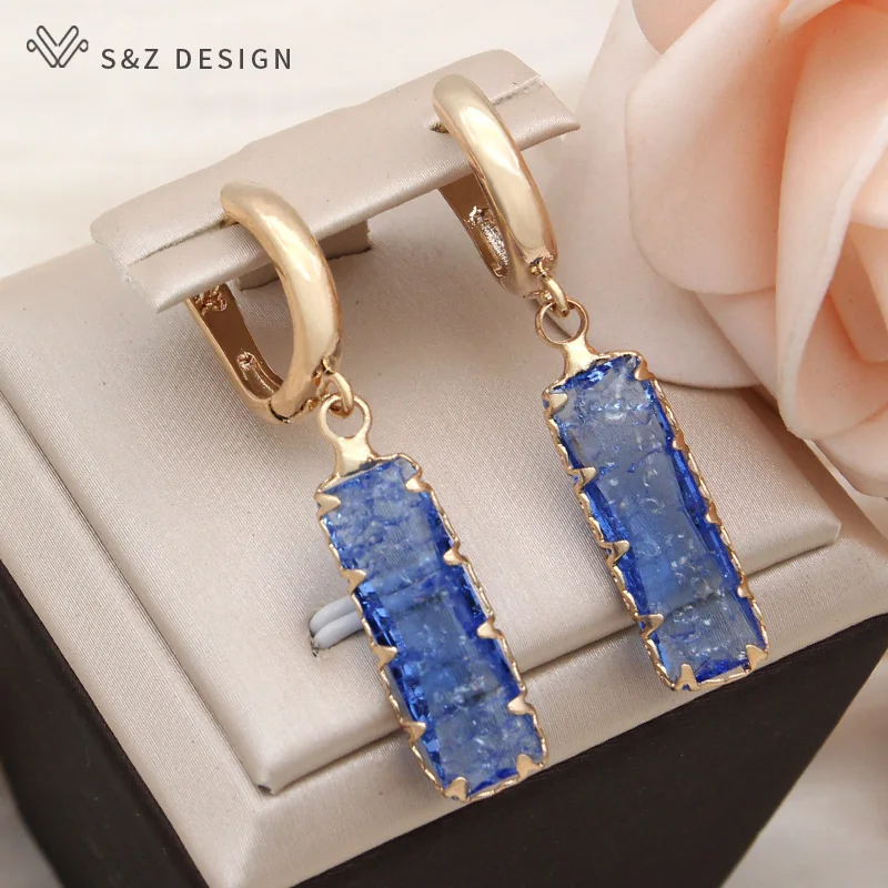 S&Z DESIGN New Fashion Rectangle Ice Crack Crystal Dangle Earrings Jewelry Sets For Women Daily Accessories Pendant Necklace