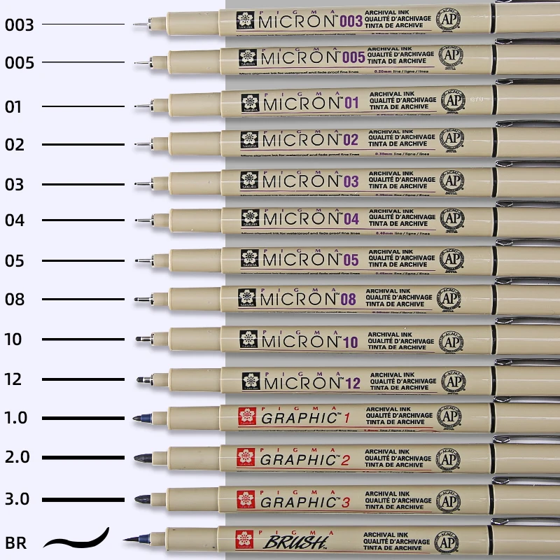 Sakura 4-13 Different Size Pigma Micron Needle Pen XSDK Black Marker Brush Pen Liner for Sketch Drawing Design Manga Comic