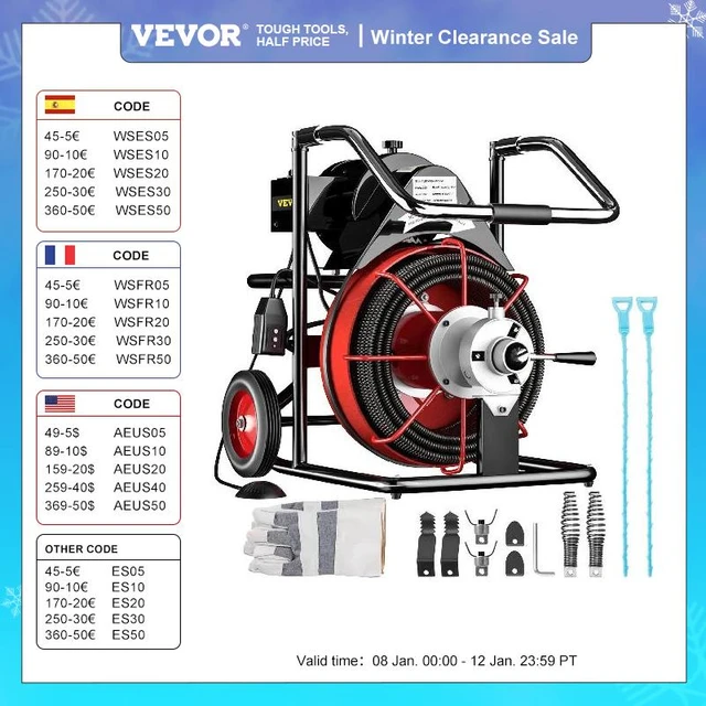 Electric Drain Auger, 50' x 3/8, 250W Sewer Snake Machine