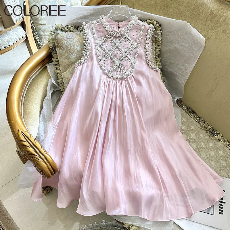 

Luxury Crystal Beading Summer Dress Women 2023 Sweet O-neck Sleeveless Mini Dresses Runway Designer Pink Vestidos Para Mujer