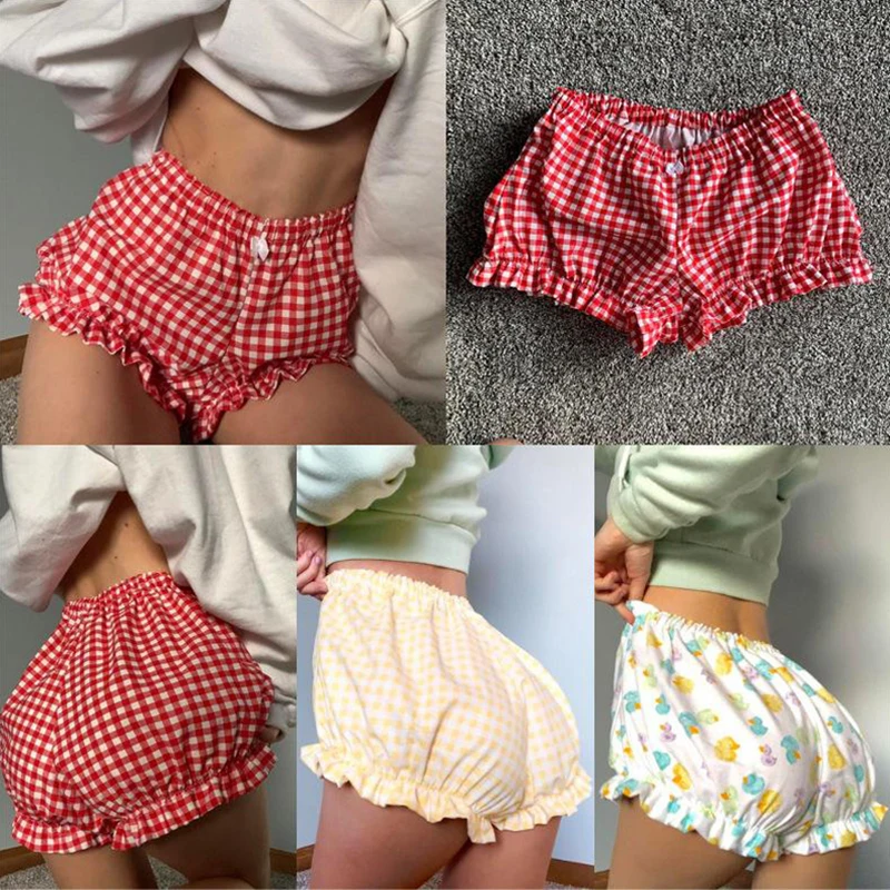 

Kawaii Y2k эстетические клетчатые шорты, женские милые пижамы с бантом, Короткие штаны для отдыха, штаны для сна, эластичная талия, повседневные спортивные шорты с рюшами
