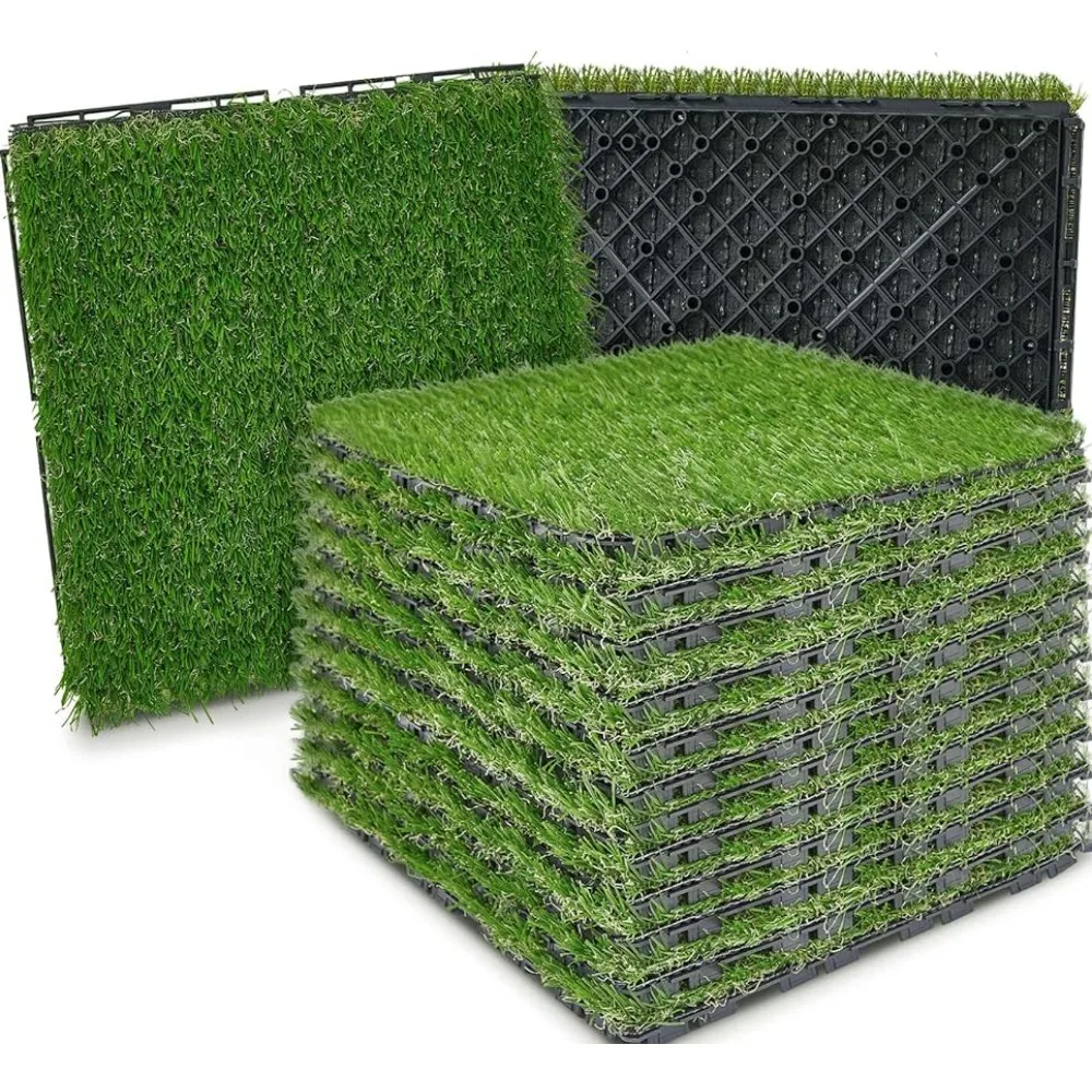 

32 Pack Artificial Grass Turf Interlocking Deck Tiles 12" X 12"Thick Synthetic Square Fake Grass Interlocking Turf Self Draining