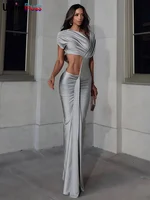 غريب سنور غير النظامية فستان مجوف المرأة Ruched قطري طوق السراويل كم الخصر الشقوق الشارع الاتجاه أنيقة طويلة Bodycon 5