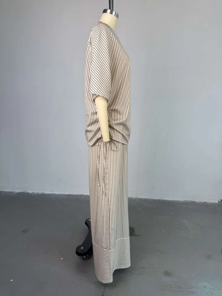 Wmstar Two Piece Sets Women Summer Outfit 2025 Summer New Casual Loose V Neck Striped Short Sleeved Top Wide Leg Long Pants Set