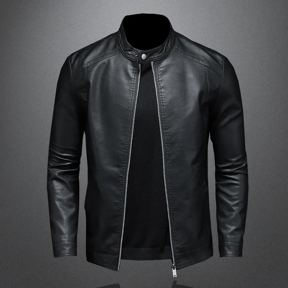 

Spring Autumn Leather Jacket Men Stand Collar Slim Pu Leather Jacket Fashion Motorcycle Causal Coat Mens Moto Biker Leather Coat