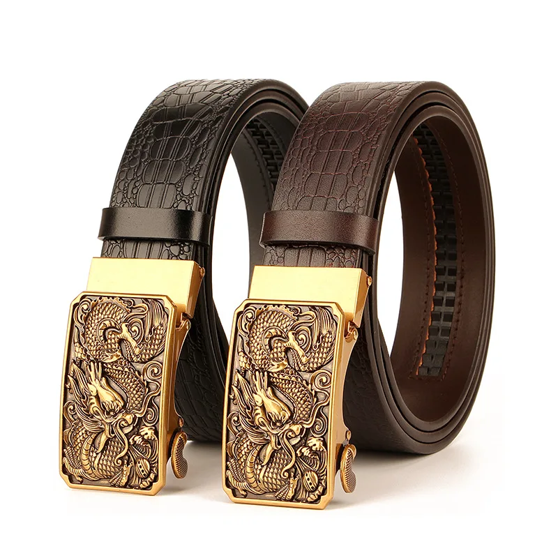 

Genuine Leather Belt Men Casual Waist Strap Brand Mens Belts with Luxury Golden Dragon Alloy Automatic Buckle Real Cowskin