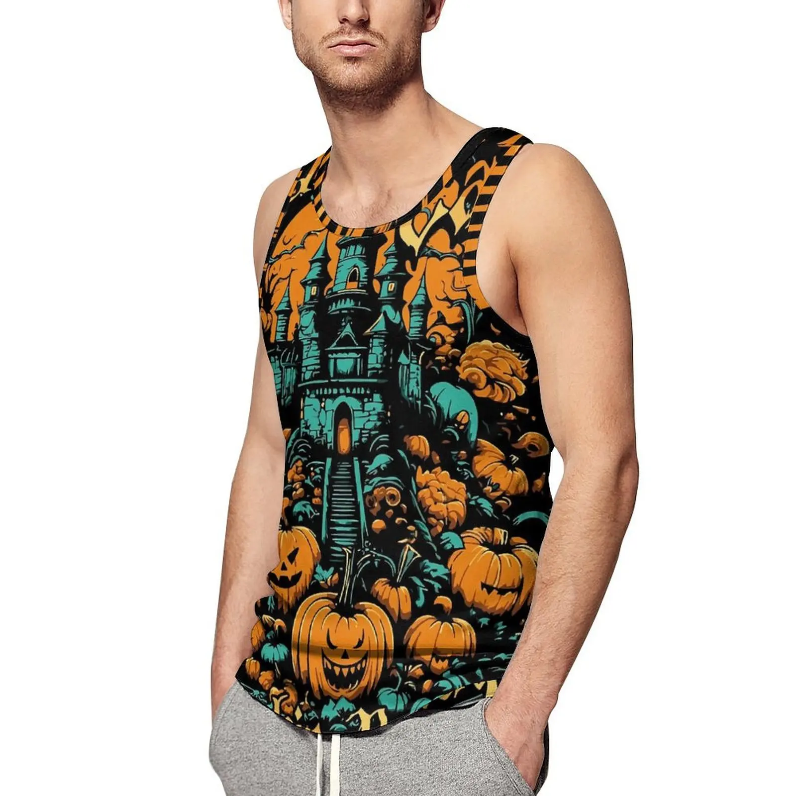 

Майка с тыквами на Хэллоуин, мужские Модные топы с привиденным домом, повседневные бодибилдинговые пользовательские рубашки без рукавов, размера плюс