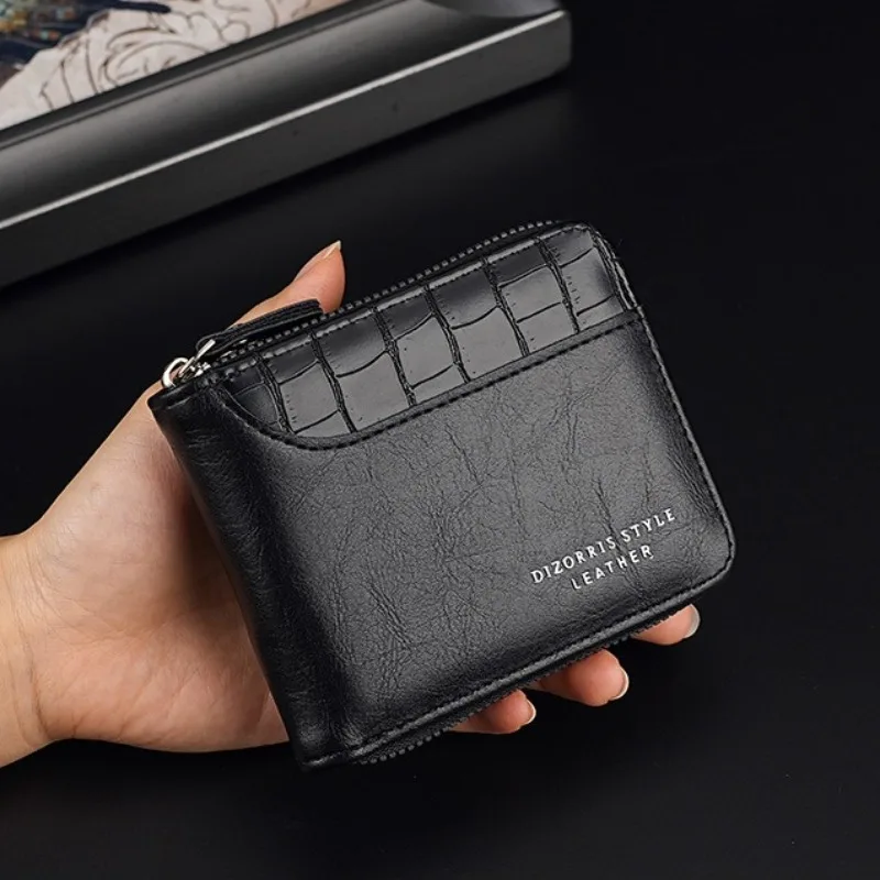 Luxury Leather Men's Short Wallet Spliced Stone Pattern Large Capacity Three Fold Bag Zipper Coin Wallet Multi Card Money Clip