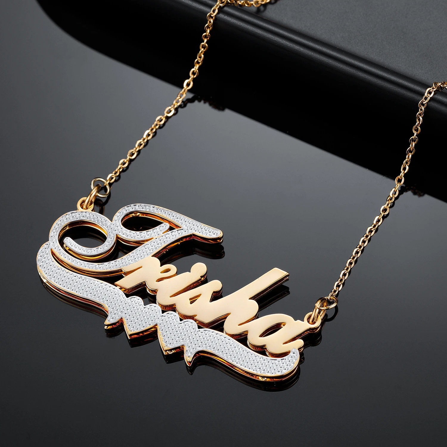Customized Stainless Steel Gold Plated Two Tone Personalized Name Necklace With Heart Double 3D Name Necklace For Women Jewelry