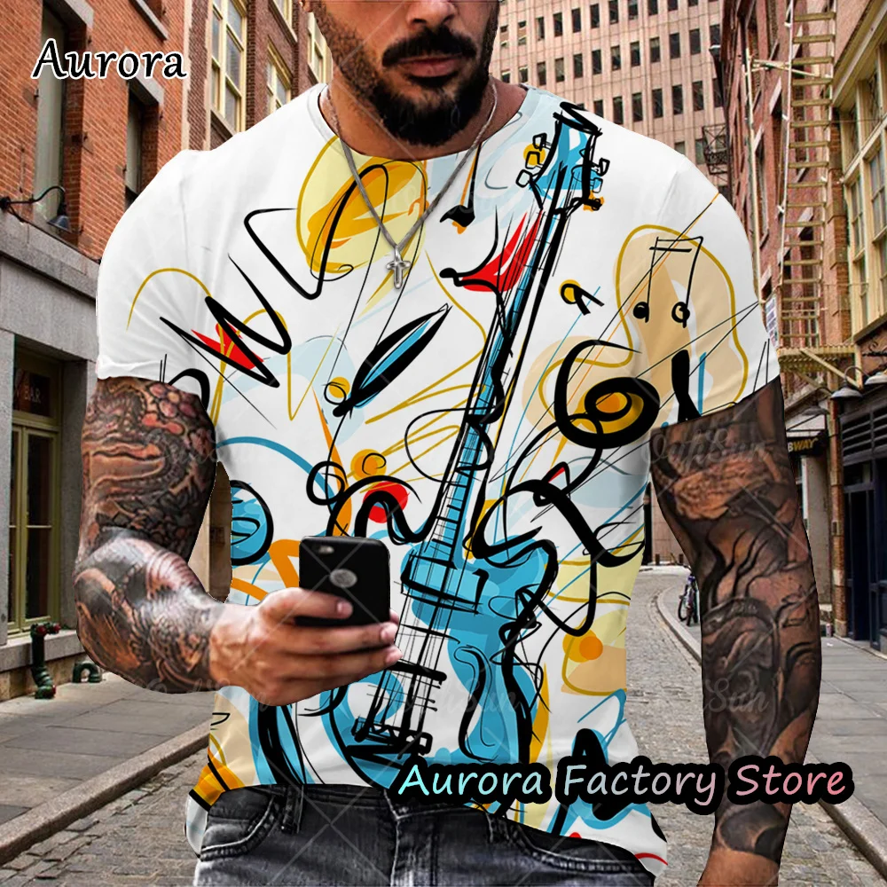 

New Summer Men's Guitar Print T-Shirt Fashion Short Sleeve Clothing Music Festival Tops Tees Male Casual Oversized Streetwear