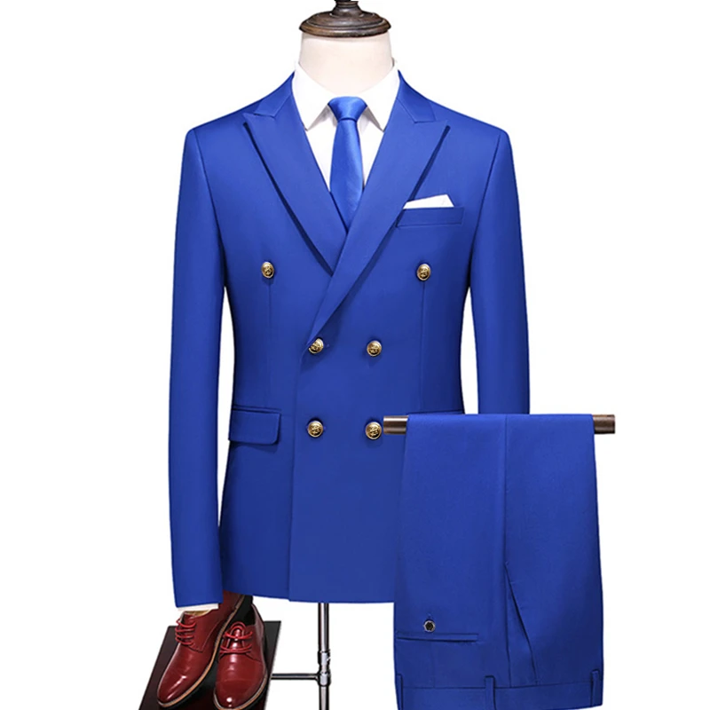 Men Slim Fit Fashion Business Casual Double Breasted Blazers Jacket Coat Trousers Wedding Groom Party Skinny 2 Pcs Suits Pants mens suit
