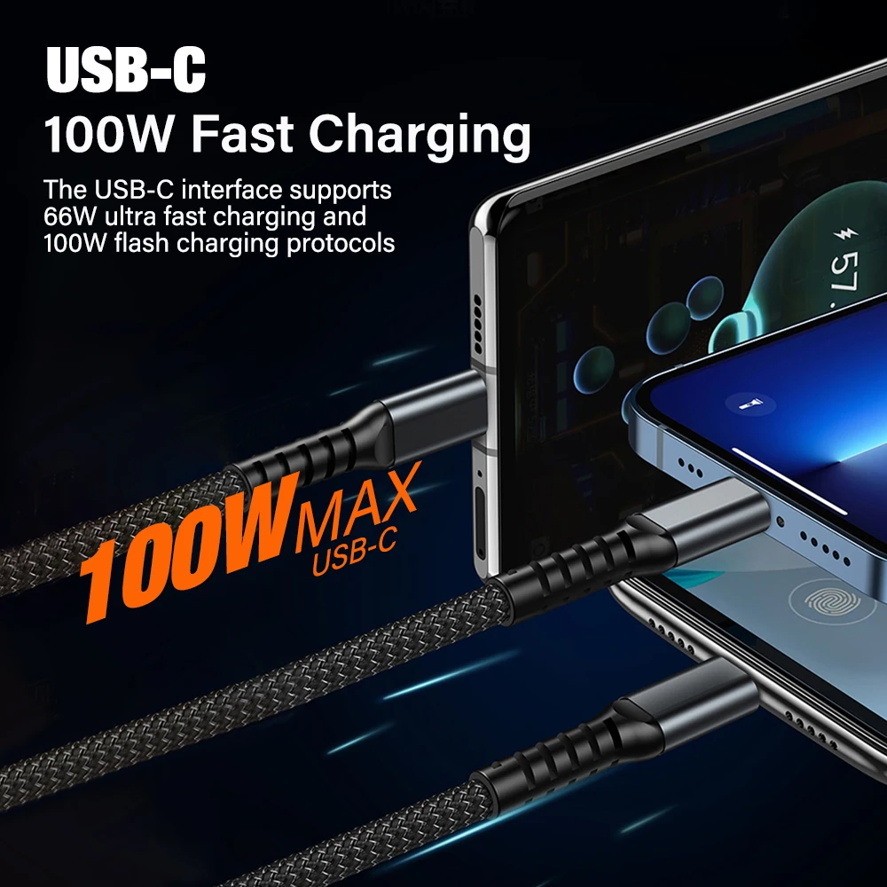 100W 고속 충전 케이블 멀티 충전 케이블 나일론 편조형 멀티 USB 범용 3 in 1 충전 코드 어댑터 (타입-C 마이크로 포함)