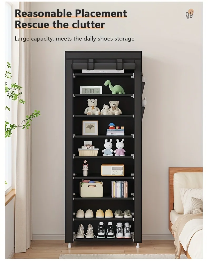 10-layer high-capacity shoe rack with dust cover, 9-compartment shoe rack, space-saving entrance shoe rack, easy to assemble 3