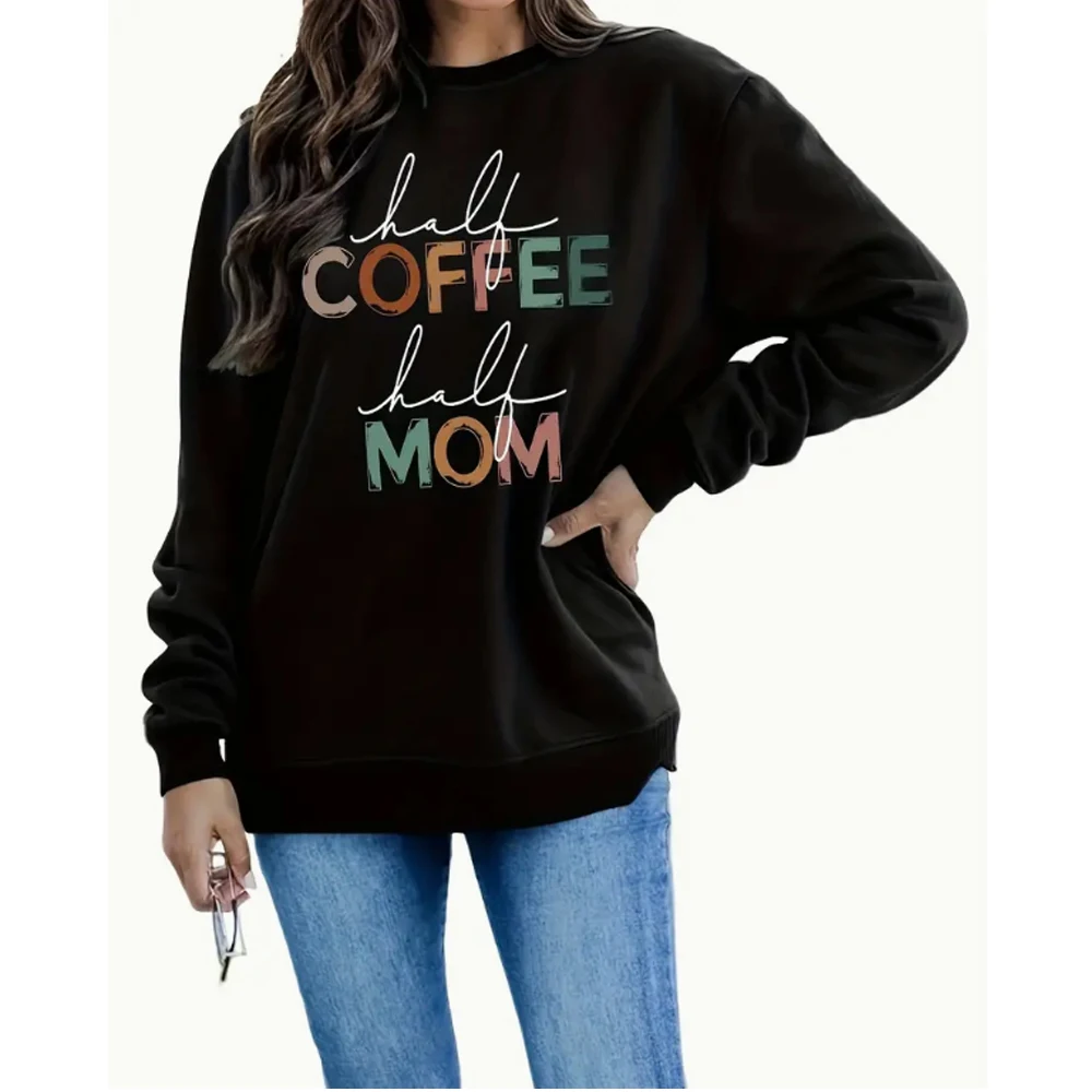 COFFEE MOM Print Pullover Sweatshirt Casual Long Sleeve Oversized Pullover Crew Neck Plus Size Hoodie Women's Clothing