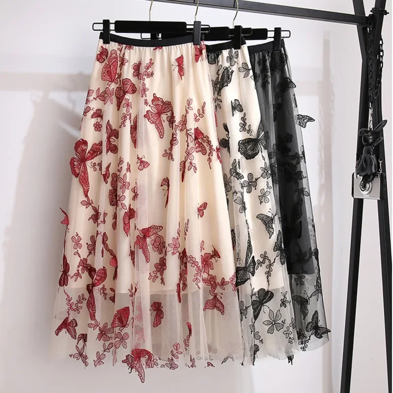 

Женская длинная юбка с вышивкой бабочки, трапециевидная юбка макси из тюля с высокой талией, лето 2020