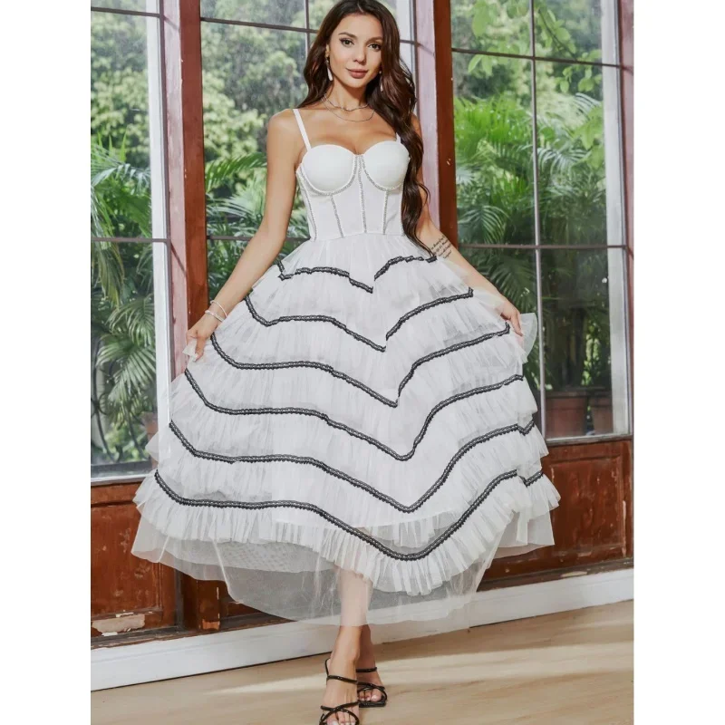 

Irregular Cake Skirt Stitching Mesh Contrast Color Large Swing Mop Dress Diamond Chain Beaded Fishbone Tube Top Long Skirt