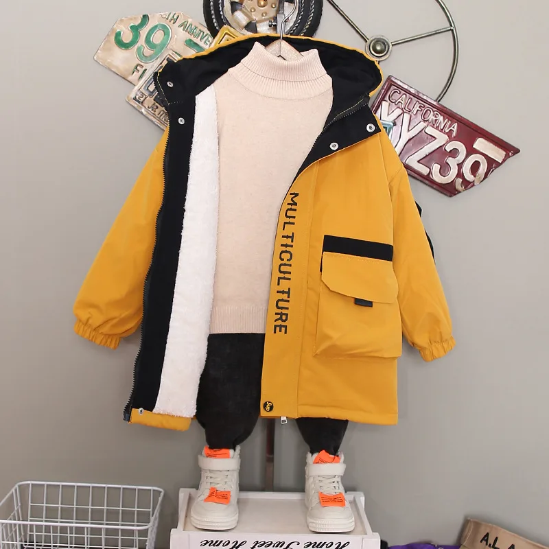 Winter Boys Warmth Contrast Fleece Padded Jackets Hooded Student Therme Long Coats Kids Parka Children Outfits For 3-13 Years