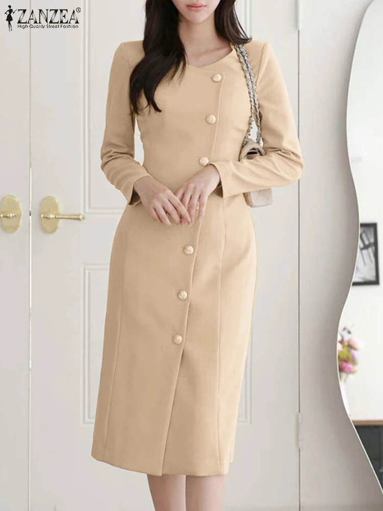

2023 ZANZEA Elegant Solid Slim Dress Autumn Long Sleeve O-Neck Dresses Lady Fashion Mid-Calf Length Robe Vintage Party Sundress