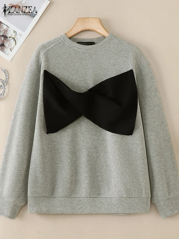 ZANZEA Casua Harajuku Sweatshirts Color-Block Long Sleeve 2025 Spring O Neck Hoodies Women Large Bowknot Loose Pullover Tops 4