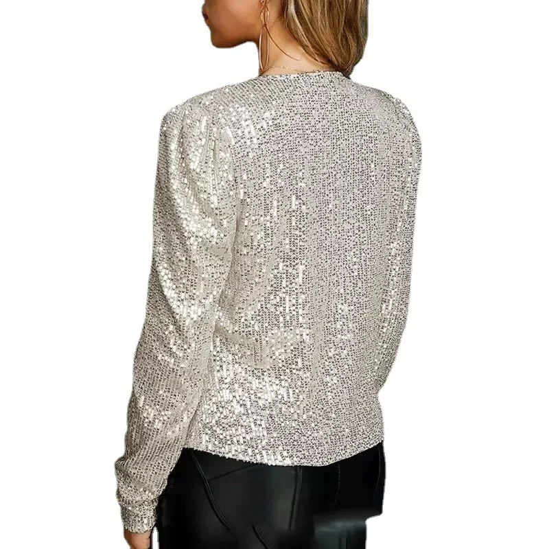 2024 New Women's Fashion Round Neck Solid Color Sequin Short Jacket Leisure and Elegant Versatile Small Jacket for Girls
