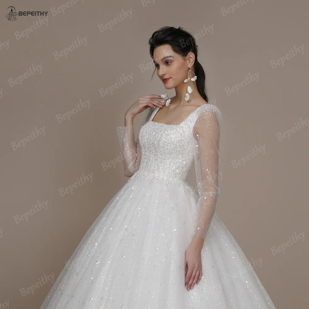 BEPEITHY Customized Shinny Square Bride Wedding Dresses For Women Long Sleeves Glitter Open Back Bridal Modern Ball Gown 2023 4