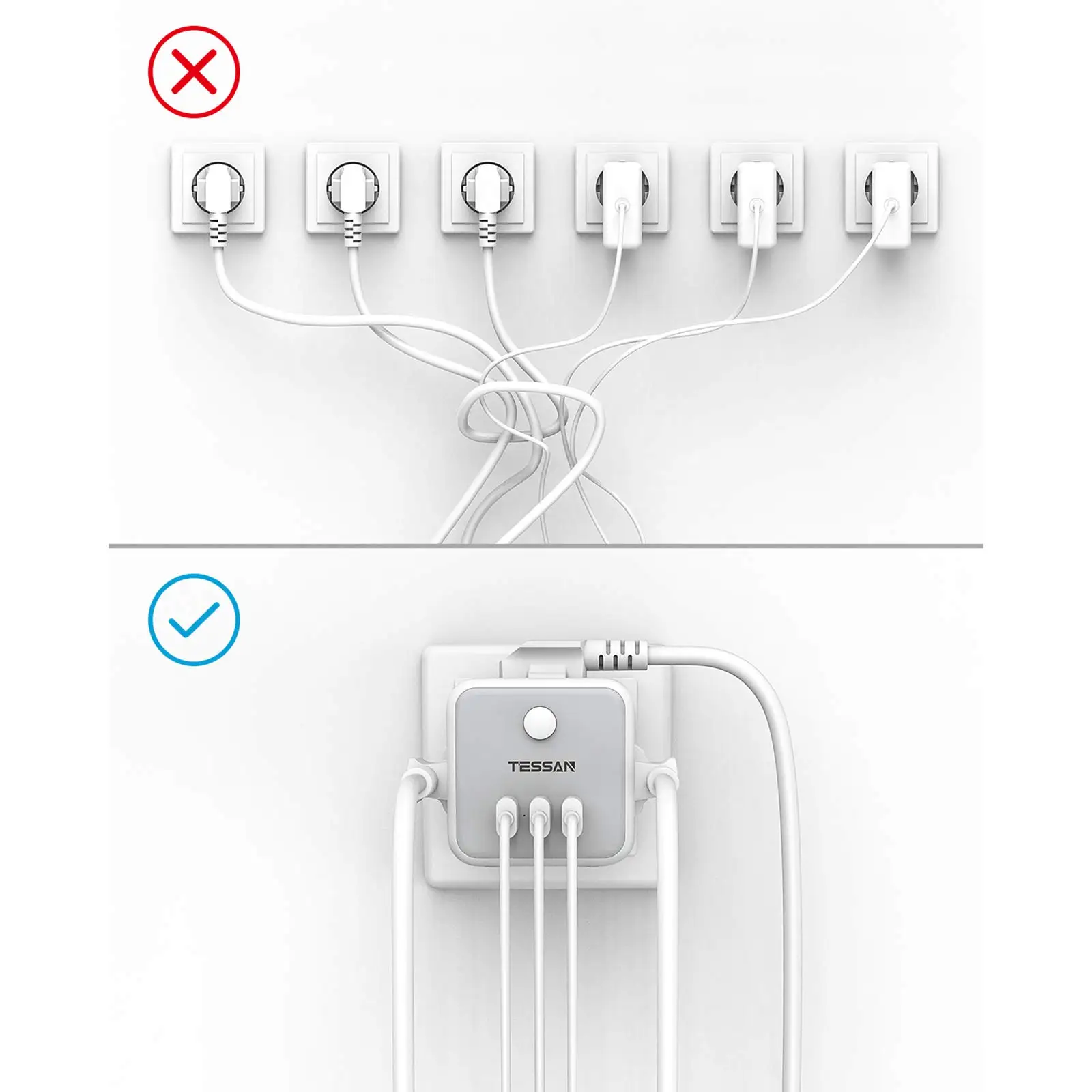 3  AC ܼƮִ TESSAN 6 in 1 EU   3  USB Ʈ /繫  2500W 5V/2.4A    ȣ