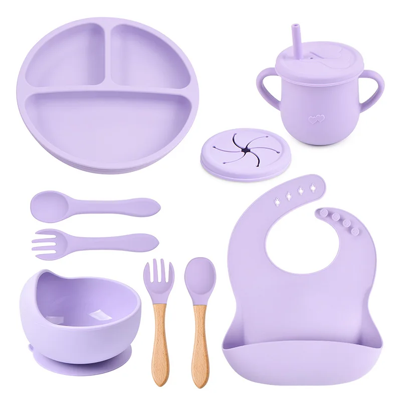 Silicone meal set silicone feeding set baby tableware set 9Pcs Cute Silicone Baby Feeding Baby Training Tableware Set Suction Bowl Non-slip Divided Plate Spoon Fork Bibs Cup For Kids