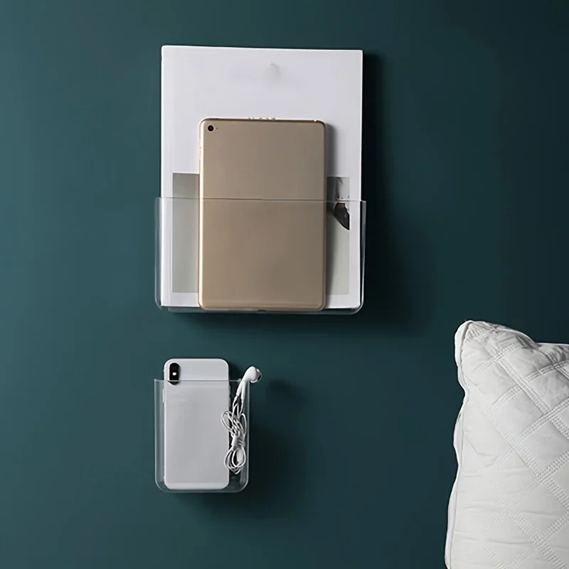 1pc Wall-Mounted Mobile Phone and Remote Control Storage Box-Clear Adhesive Organizer for Bedside Sundries