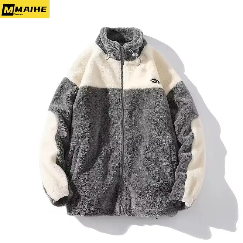 Men's Winter jacket Harajuku Fashion patchwork Lamb wool warm coat Men's 2023 new hip hop streetwear couple preppy school jacket