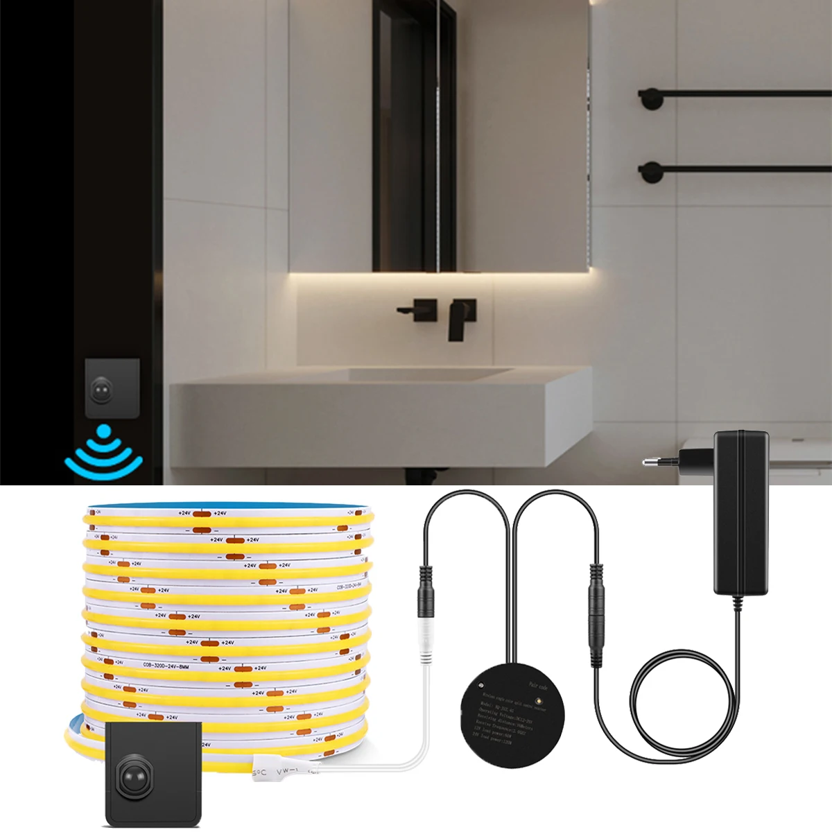 Bathroom Makeup Mirror Lamp Tape with Wireless PIR Motion Sensor/RF Reciever 24V COB LED Strip Light Stairs Bedroom Night Lamp