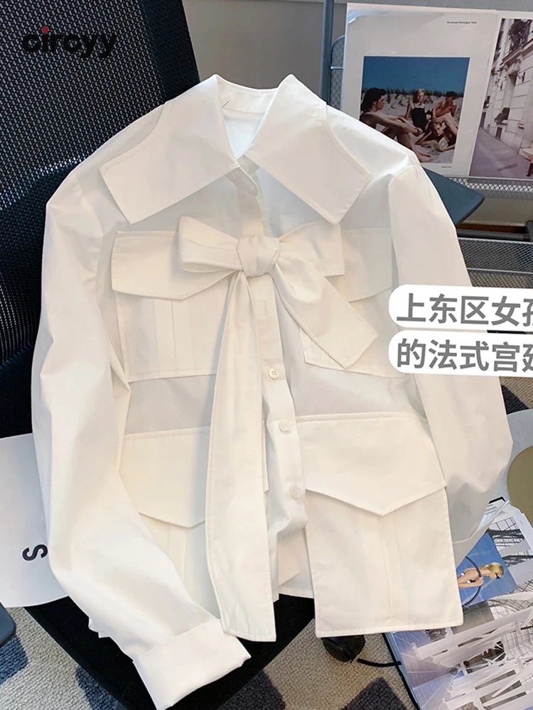 

White Blouses Women Button Up Shirts French Vintage Lace Bow Single Breasted Long Sleeve Casual Spring Chic Clothes Blusas