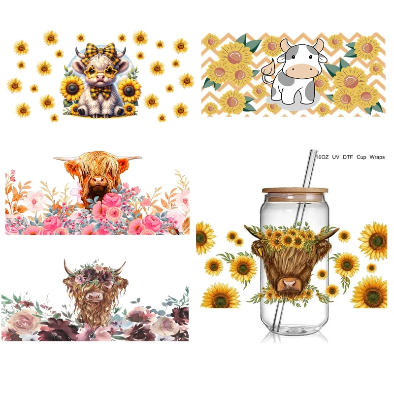 3D Retro Sunflower Cow UV DTF Cup Wraps stickers Spring Cow Flowers UV Wrap Transer for 16oz Libbey Glass