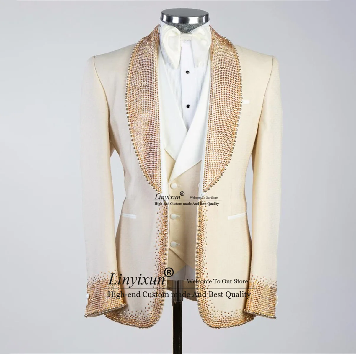 

Luxury Beaded Men Suits For Wedding Shawl Lapel Male Prom Blazers Outfits 2 Pieces Sets Groom Tuxedos Slim Fit Costume Homme