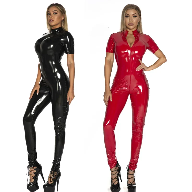 

Sexy Women Faux Leather Catsuit Glossy Latex Bodysuit Zipper Open Crotch Jumpsuits Wet Look Bodystocking Erotic Costumes