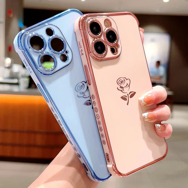 Funda de silicona para teléfono móvil, carcasa suave de lujo con flores rosas para iPhone 11, 12, 13, 14, 15 Pro Max, X, Xs Max, XR, 7, 8 Plus, Mini SE 2020