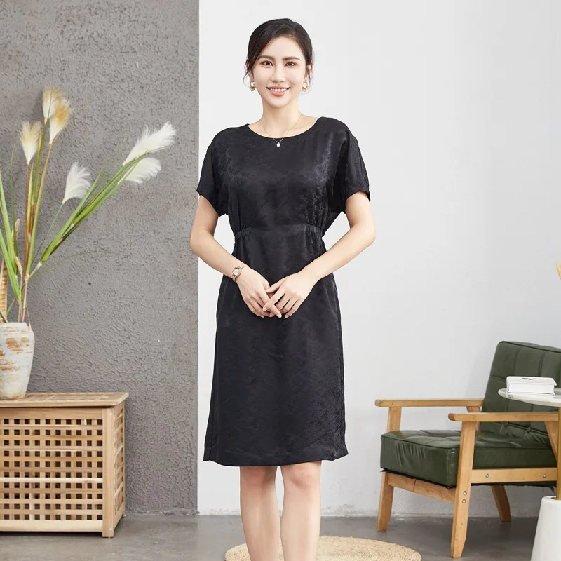 

Birdsky, Summer 1pc Women office lady dress elastic waist belt O neck 100% mulberry silk jacquard Black White, S-425