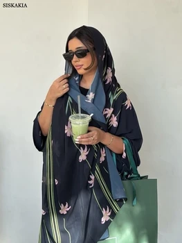 Siskakia Muslim Elegant Floral Print Women Open Abaya Mesh Hijab included Long Sleeve Kaftans