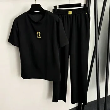 High Street Pants Sets Women's O-neck Shorts Sleeve T-shirts +Elastic Waist Trousers Fashion Metal Buckle Pants Two Piece Suit