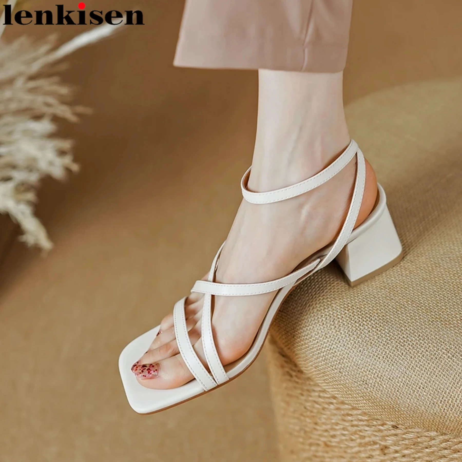 

Lenkisen High Quality Superstar Summer Shoes Buckle Straps Gladiator Party Chunky High Heels Luxury Concise Sandals For Women