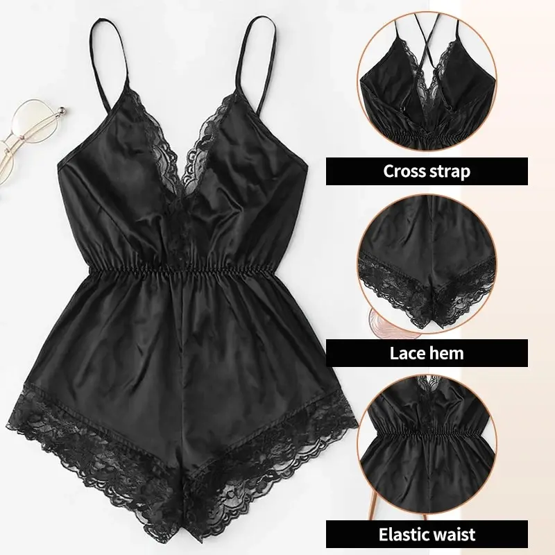 Women Suspender Pajamas Summer V-Neck Sexy Lace Patchwork Integrated Backless