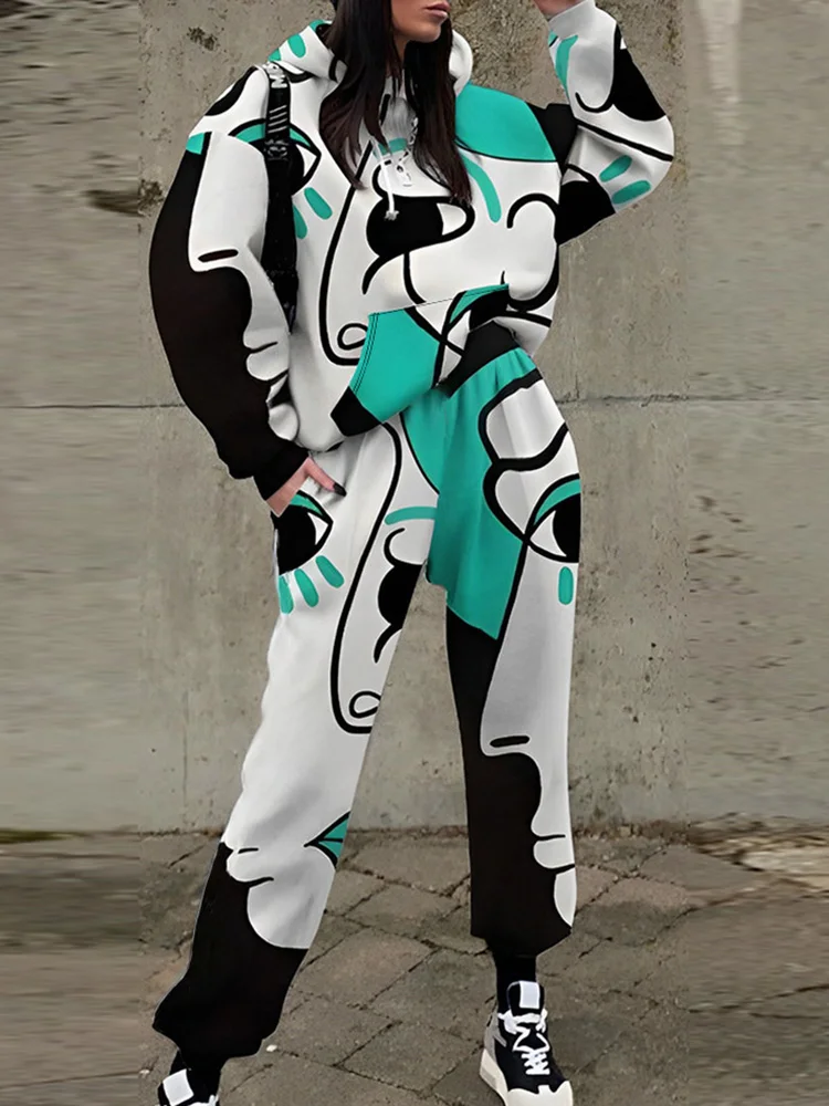 

Модные комплекты с капюшоном с длинным рукавом и принтом, женская одежда для отдыха на осень и зиму, свободные женские костюмы с брюками-карандаш 2024