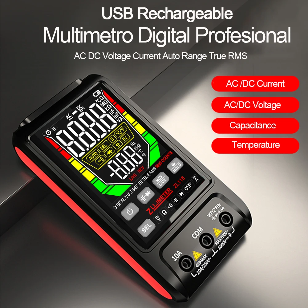 Carica Usb Multimetro Digitale Grande Schermo 9999 Ac Dc Tensione Di Corrente True Rms Auto Range Capacità Temp Ohm Multimeter Tester