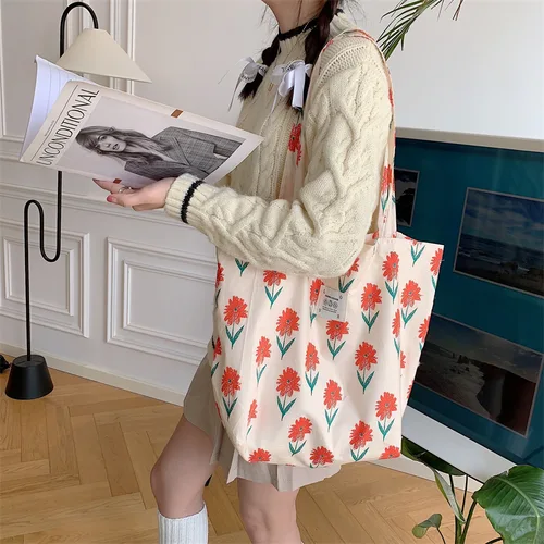 여성용 꽃무늬 캔버스 토트백, 대용량 프린트 숄더백, 쇼핑백, 여성 패션, 캐주얼 오픈 핸드백 2