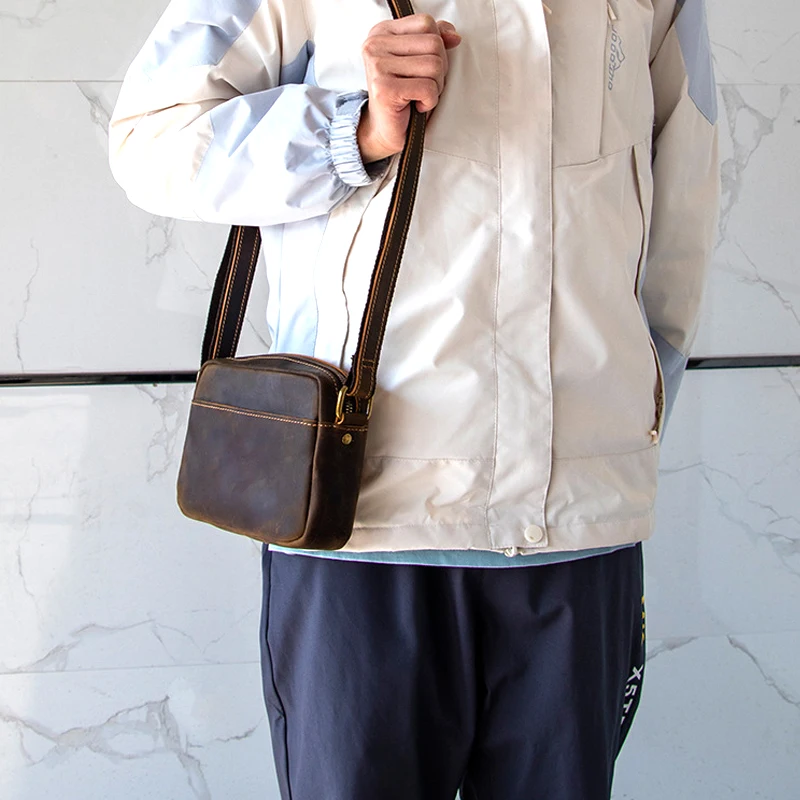 Genuine Leather Mini Messenger Bag Travel Crossbody Bag for Men Cell Phone Purse Trave Satchel Shoulder Bags